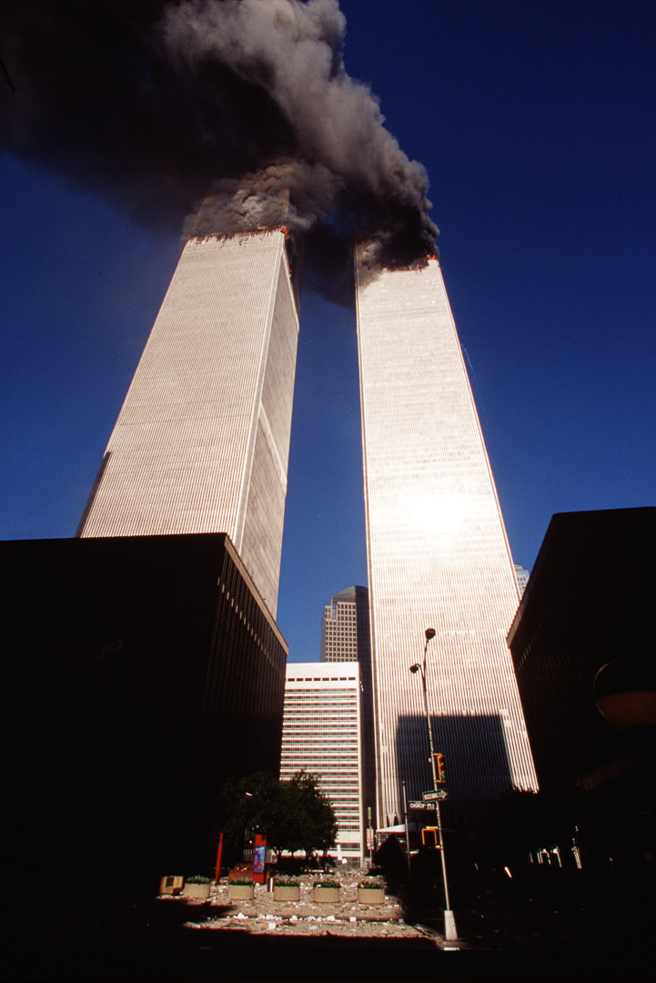 Twin towers burning plaza view