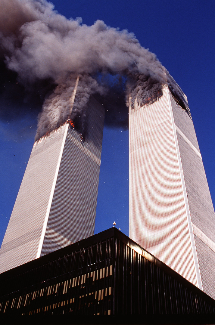 Twin towers burn as seen from Church and Vesey St.