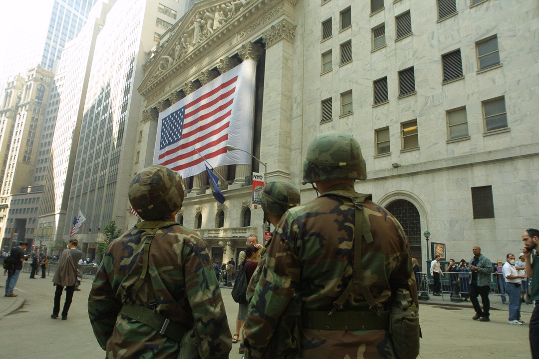 National Guard troops and NYPD keep order in the Financial District
