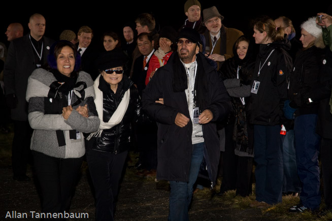 Yoko Ono, along with Ringo Starr and Olivia Harrison, dedicates the Imagine Peace Tower on Videy Island. A reception at the Art Museum of Reykjavik followed.///