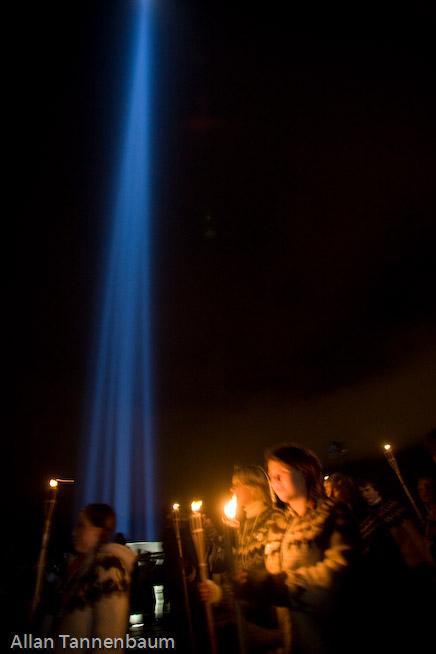 Yoko Ono, along with Ringo Starr and Olivia Harrison, dedicates the Imagine Peace Tower on Videy Island. A reception at the Art Museum of Reykjavik followed.///