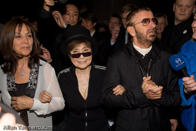 Yoko Ono, along with Ringo Starr and Olivia Harrison, dedicates the Imagine Peace Tower on Videy Island. A reception at the Art Museum of Reykjavik followed.///Reception